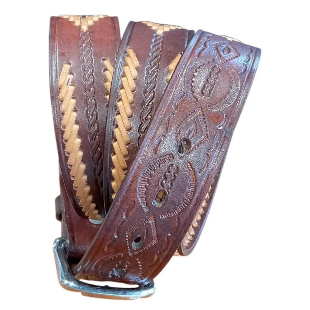 Brown Leather Mens 42‎ Western Belt Tan Dk Brown Stitching Southwest Cowboy
